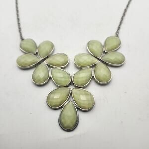 Pale Green Faceted Teardrop Flower Bib Necklace Silver Tone Chunky Statement 27"